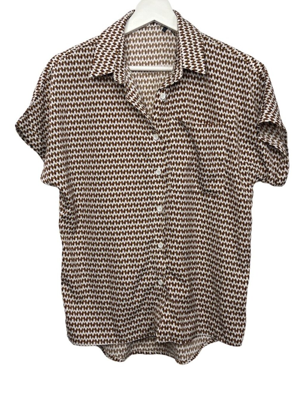 SHEIN Women's XS Brown Button Front Short Sleeve Blouse Casual Top